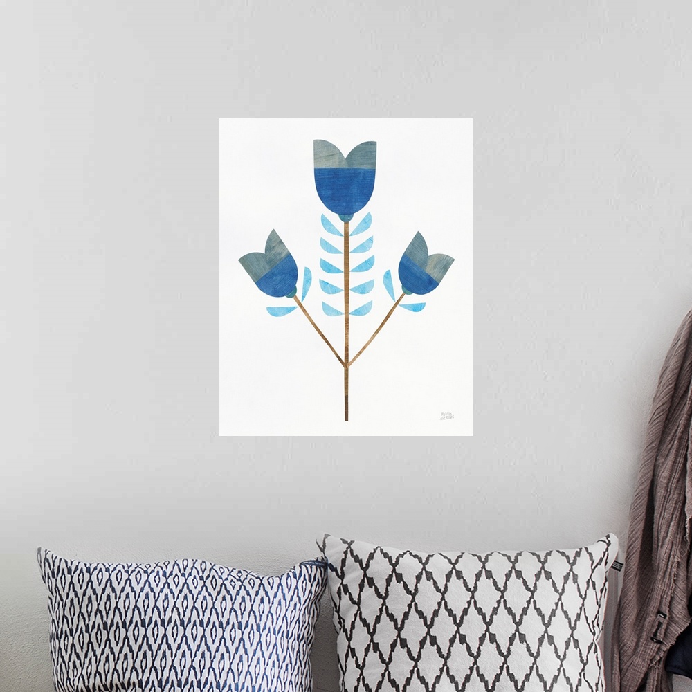 A bohemian room featuring Contemporary artwork of blue flowers created with individual cut out pieces of painted paper and ...