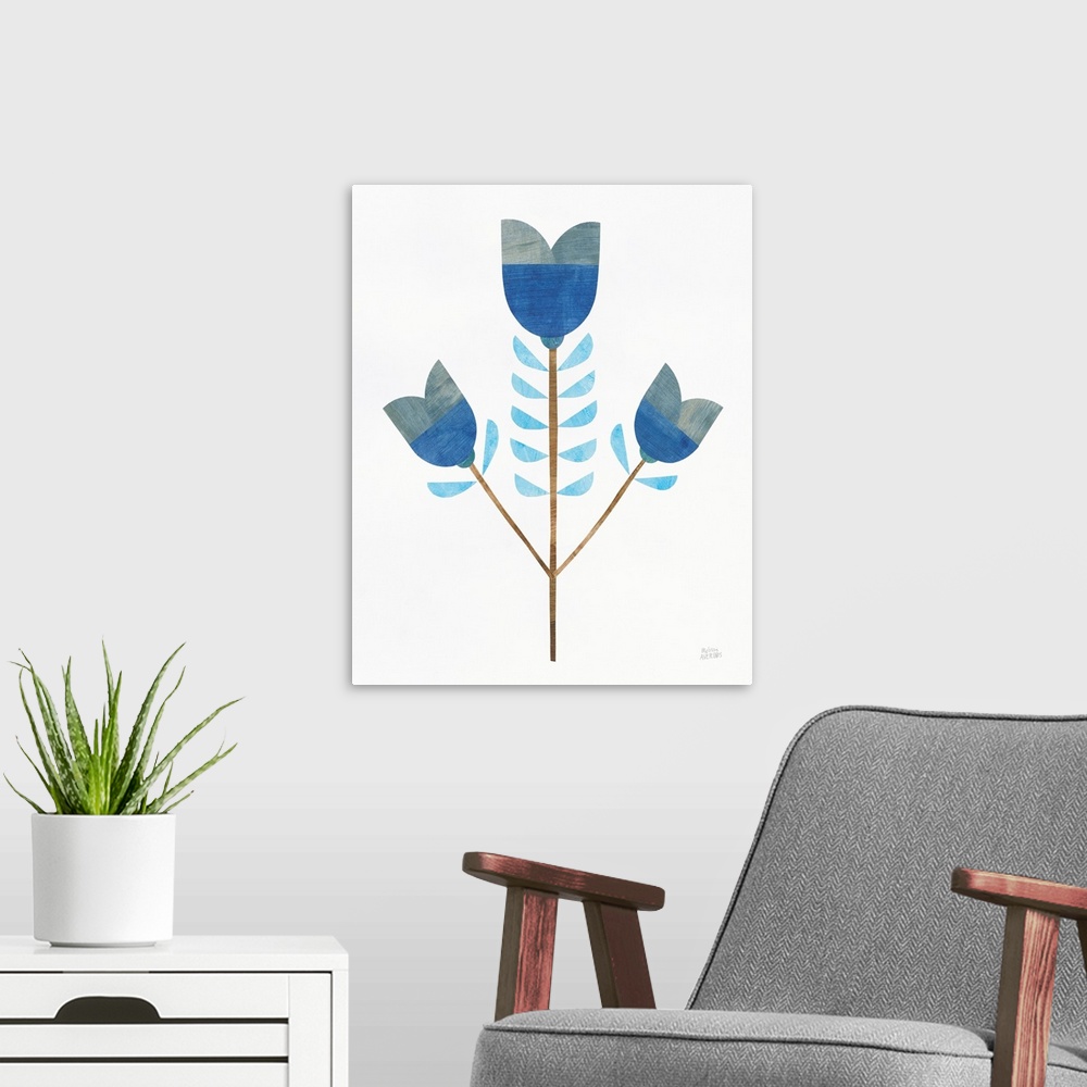 A modern room featuring Contemporary artwork of blue flowers created with individual cut out pieces of painted paper and ...