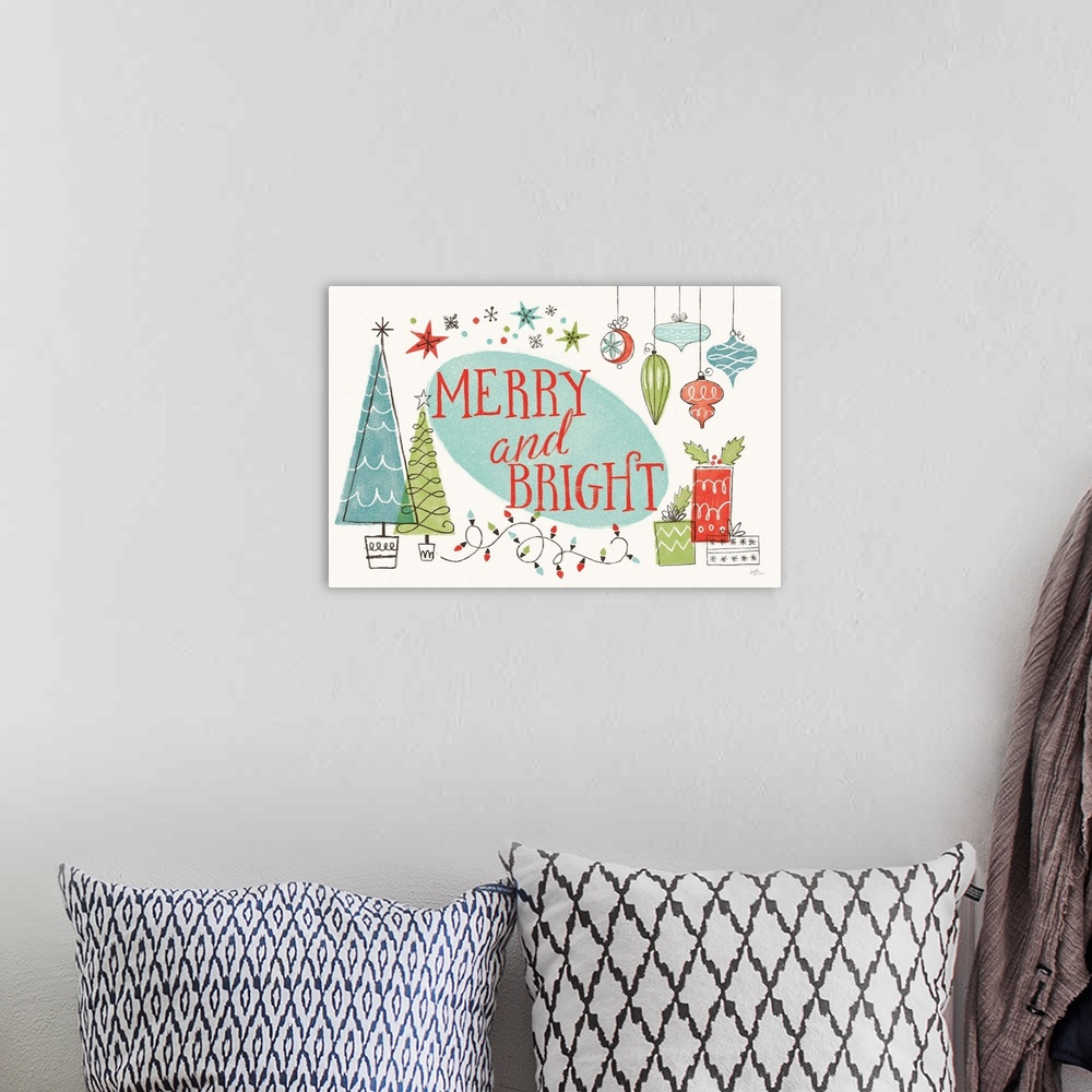 A bohemian room featuring "Merry and Bright" retro Christmas decor