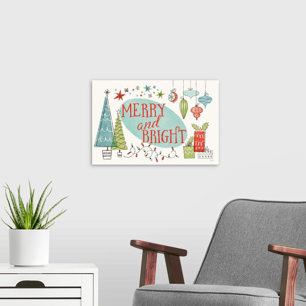 A modern room featuring "Merry and Bright" retro Christmas decor