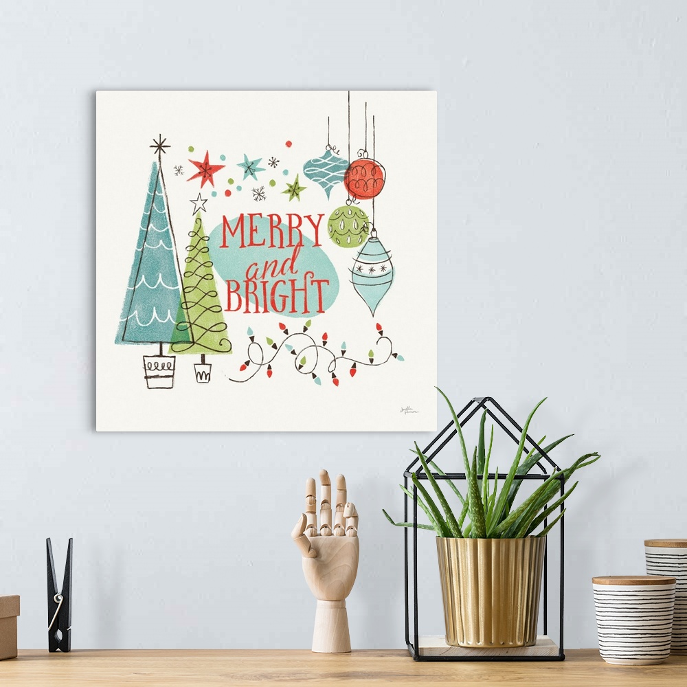 A bohemian room featuring A modern decorative design of Christmas trees, ornaments and lights with the text "Merry and Brig...