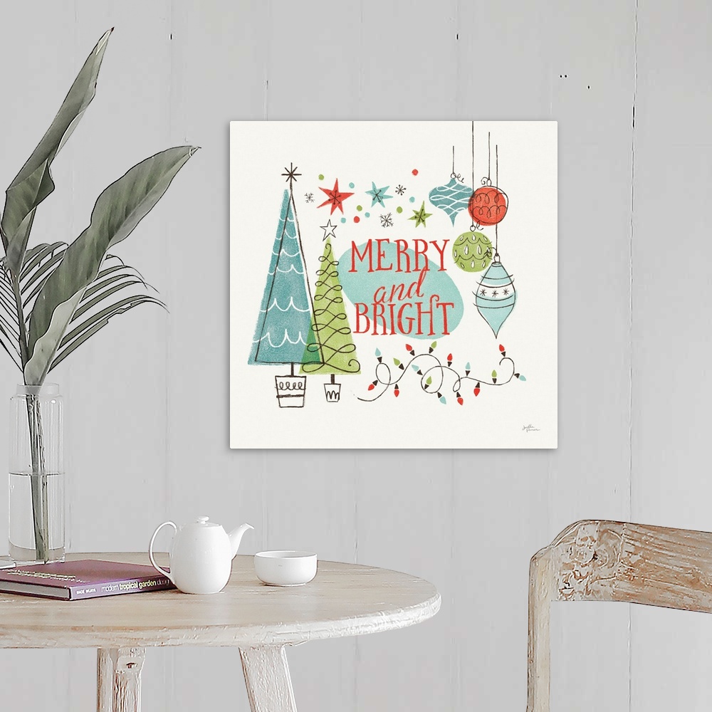 A farmhouse room featuring A modern decorative design of Christmas trees, ornaments and lights with the text "Merry and Brig...