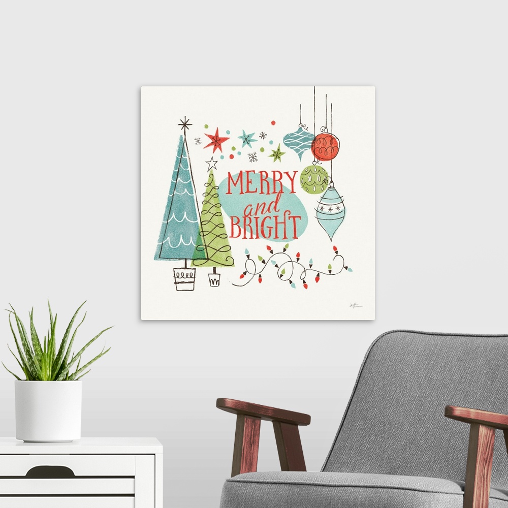 A modern room featuring A modern decorative design of Christmas trees, ornaments and lights with the text "Merry and Brig...
