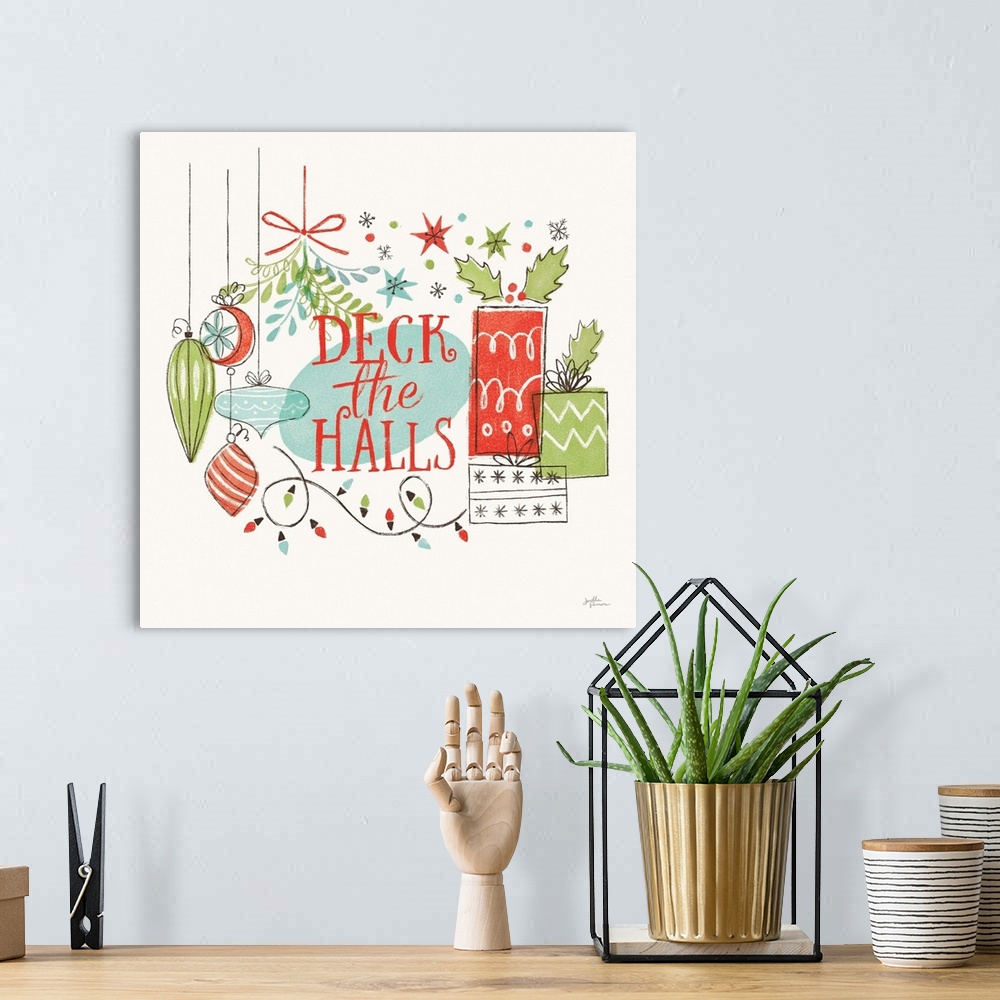 A bohemian room featuring A modern decorative design of Christmas presents, ornaments and lights with the text "Deck The Ha...
