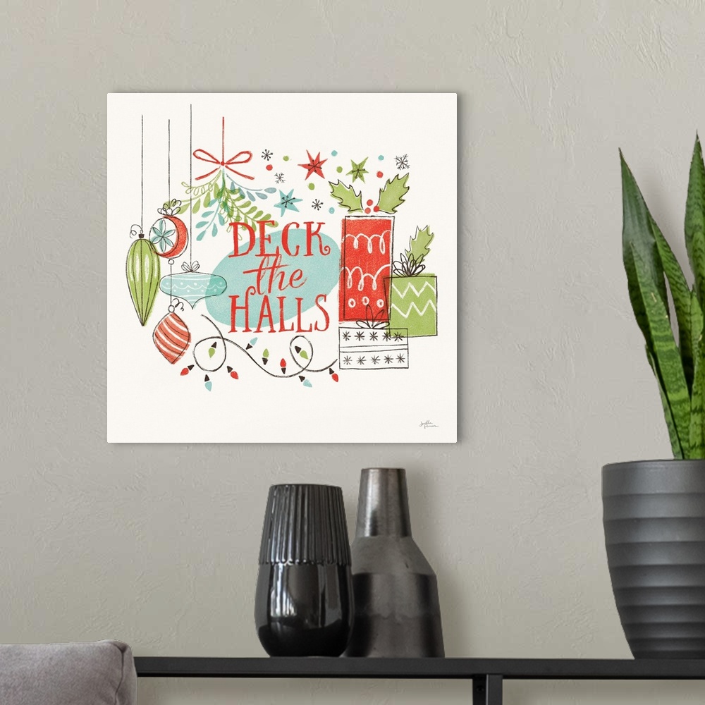 A modern room featuring A modern decorative design of Christmas presents, ornaments and lights with the text "Deck The Ha...
