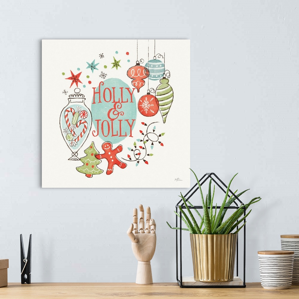 A bohemian room featuring A modern decorative design of Christmas cookies, ornaments and lights with the text "Holly & Jolly".