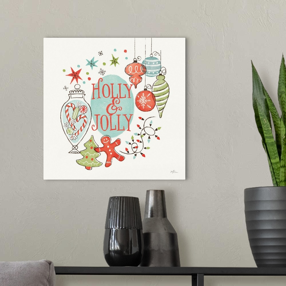 A modern room featuring A modern decorative design of Christmas cookies, ornaments and lights with the text "Holly & Jolly".