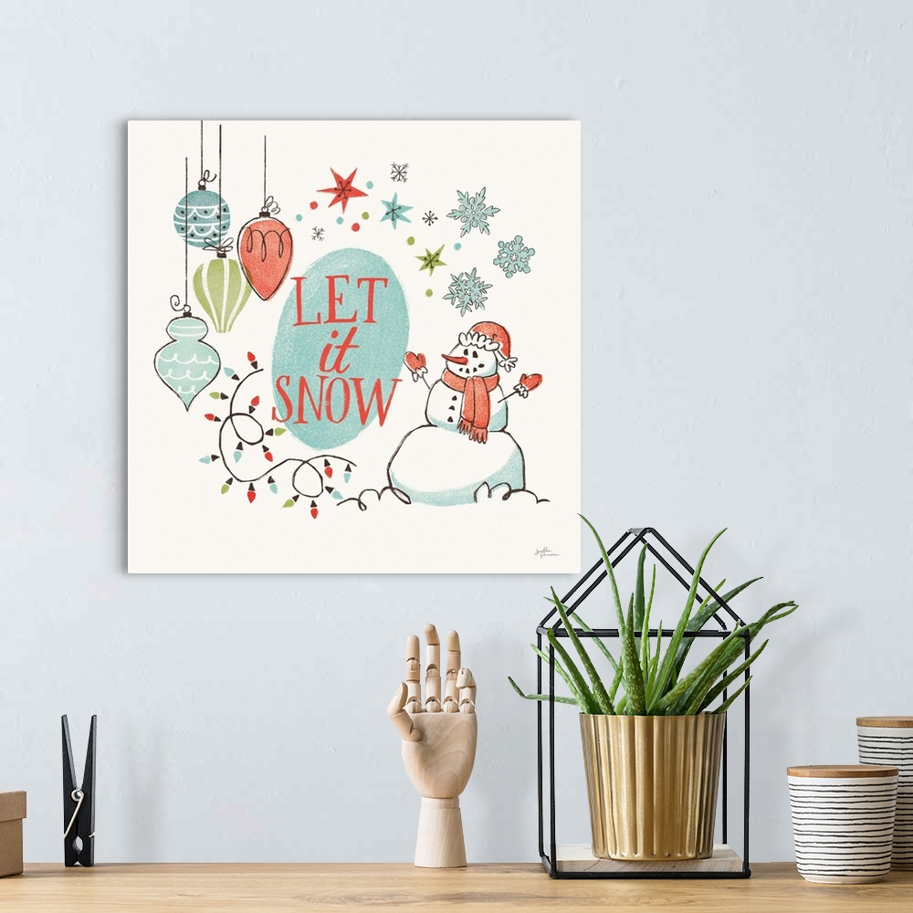 A bohemian room featuring A modern decorative design of snowman, ornaments and lights with the text "Let it snow".