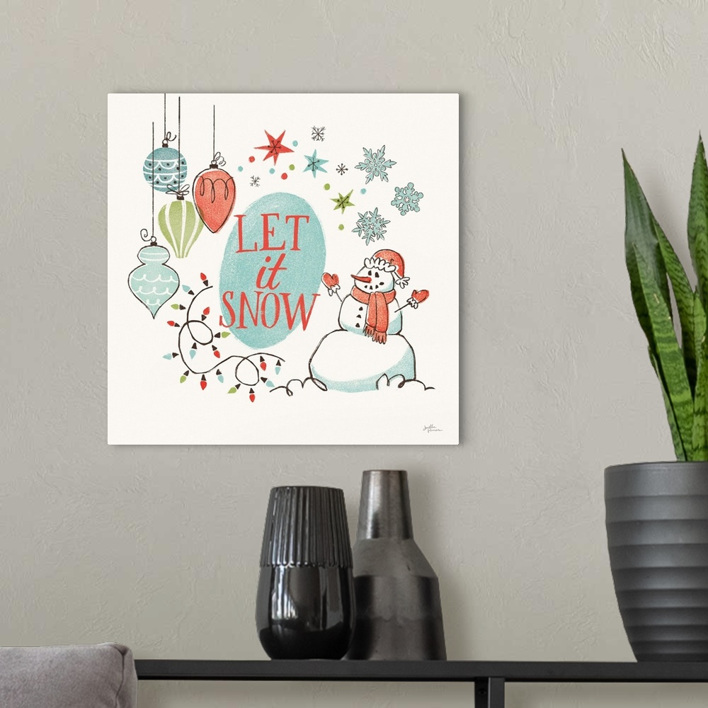 A modern room featuring A modern decorative design of snowman, ornaments and lights with the text "Let it snow".