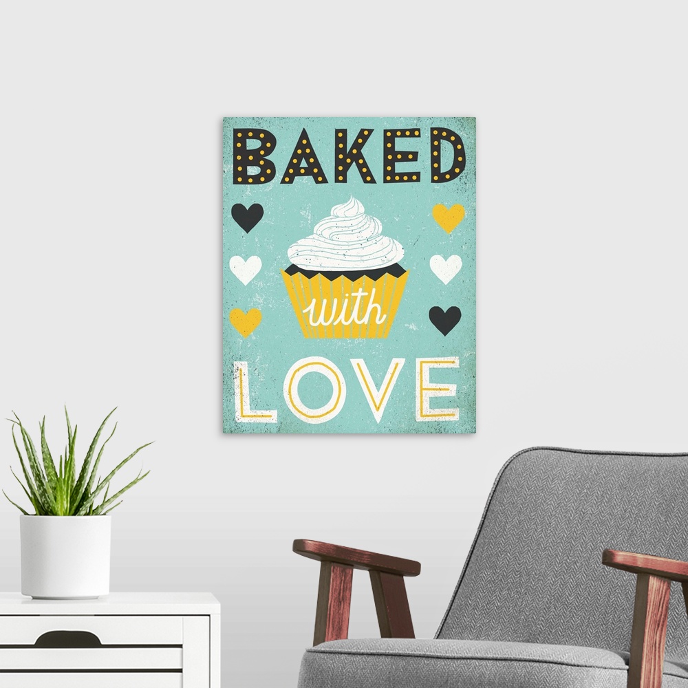 A modern room featuring Cute retro artwork of a cupcake with the words "Baked with Love" and hearts.