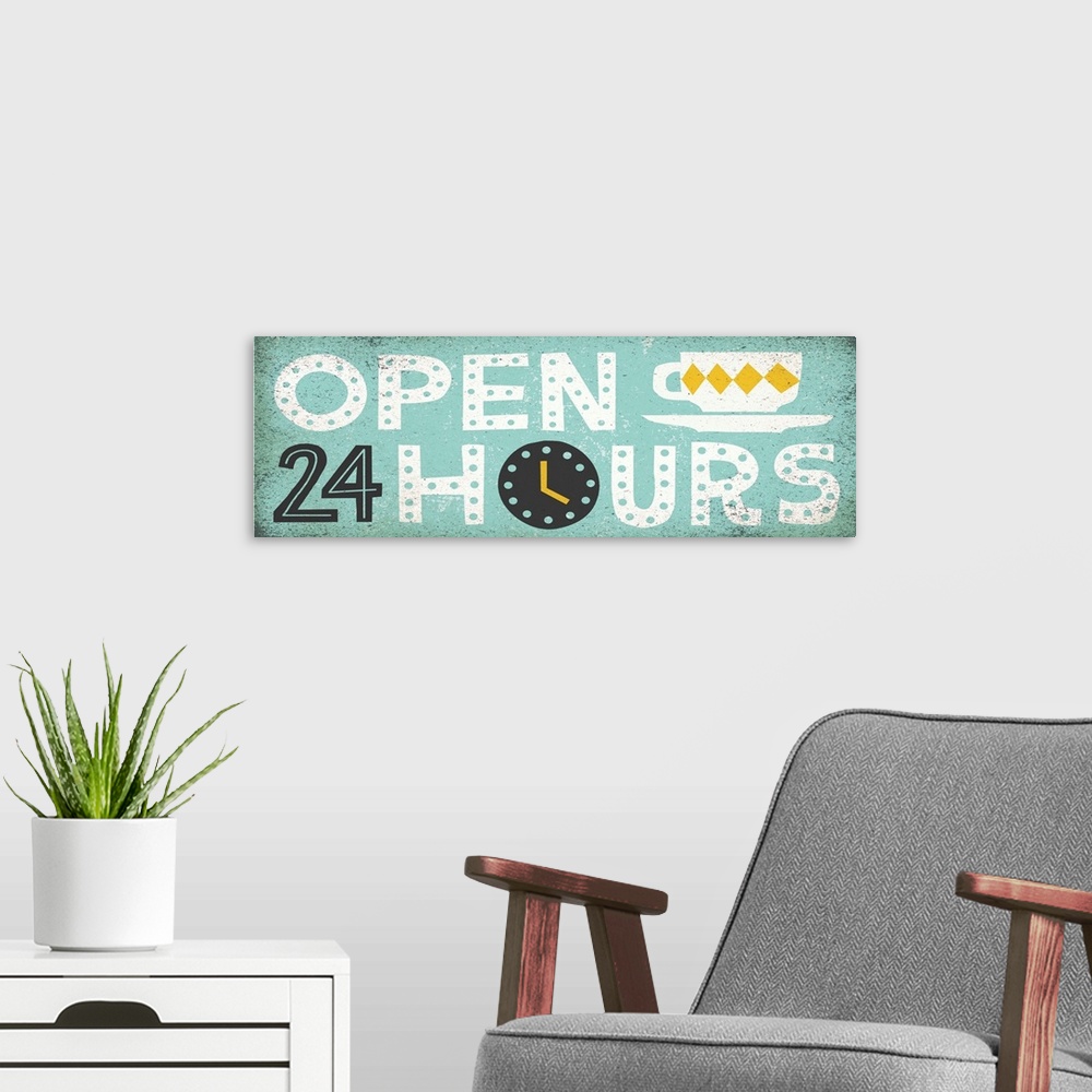 A modern room featuring Retro diner sign with a clock and a mug.