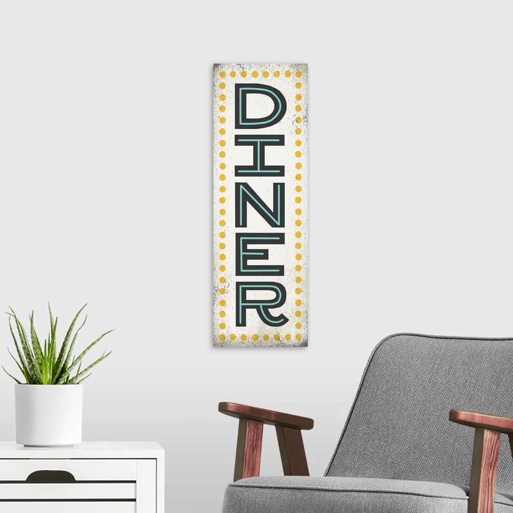 A modern room featuring Retro style sign for a diner with large letters.