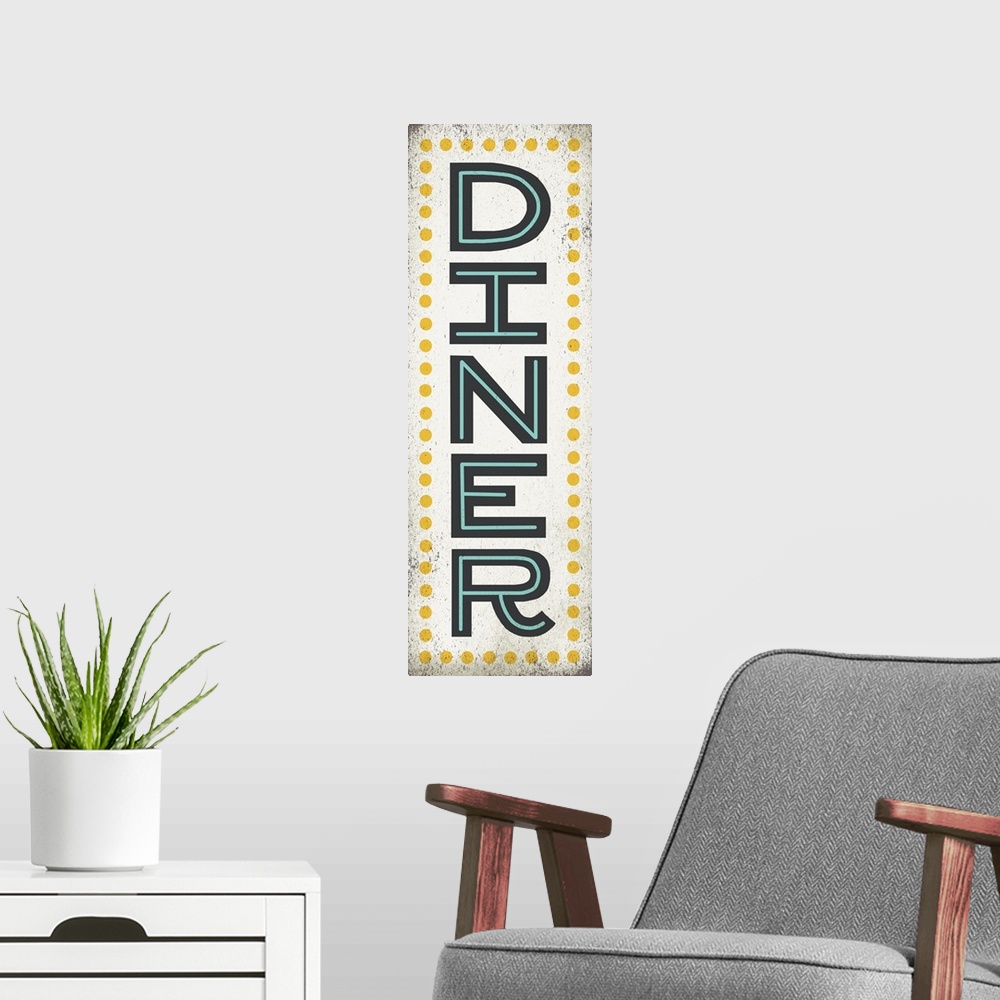 A modern room featuring Retro style sign for a diner with large letters.
