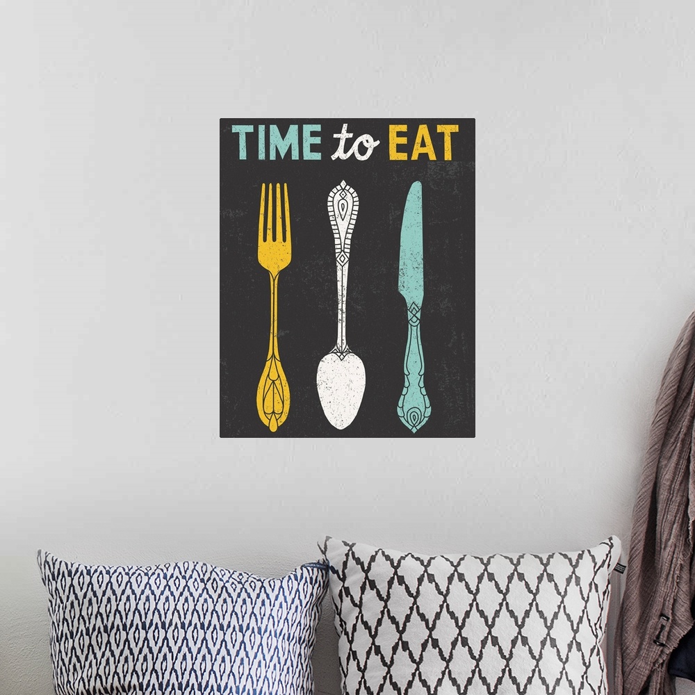 A bohemian room featuring Retro style diner poster with a fork, spoon, and knife.