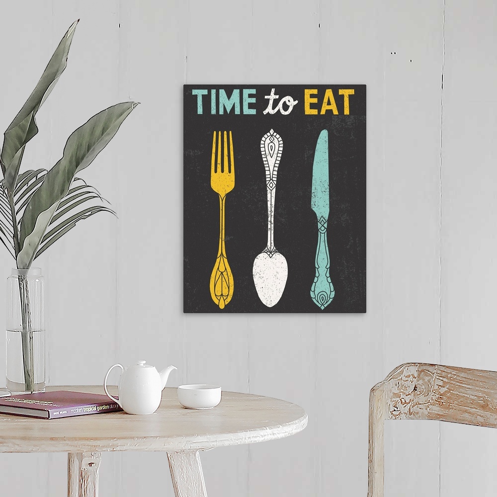 A farmhouse room featuring Retro style diner poster with a fork, spoon, and knife.