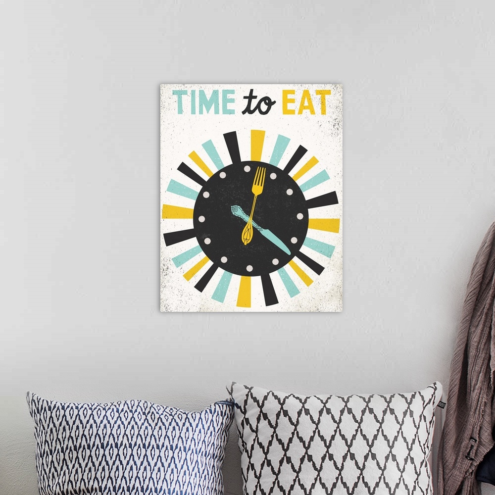 A bohemian room featuring Cute retro sign featuring a clock with a knife and fork for hands.