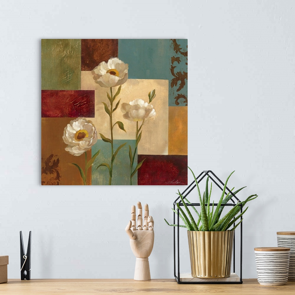 A bohemian room featuring Painting by artist Silvia Vassileva of three poppies on a  background of colored squares.