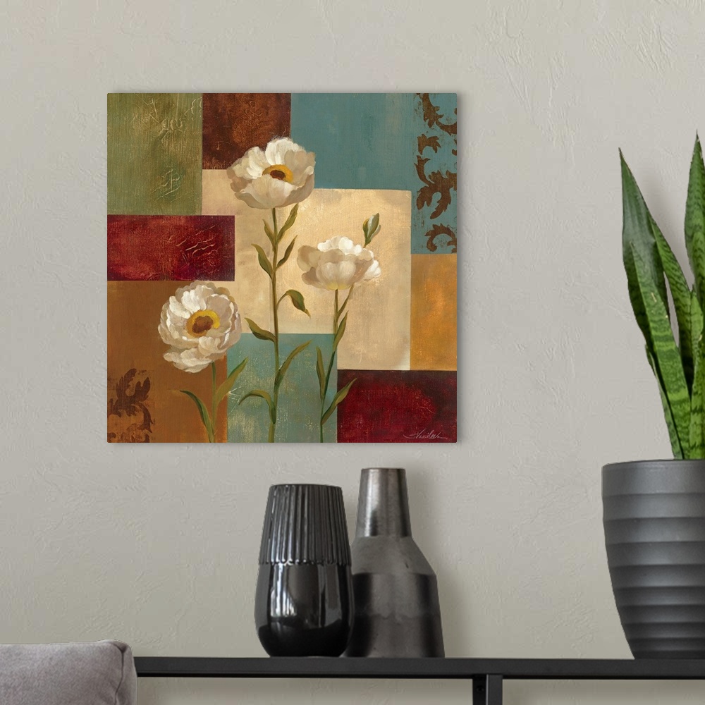 A modern room featuring Painting by artist Silvia Vassileva of three poppies on a  background of colored squares.