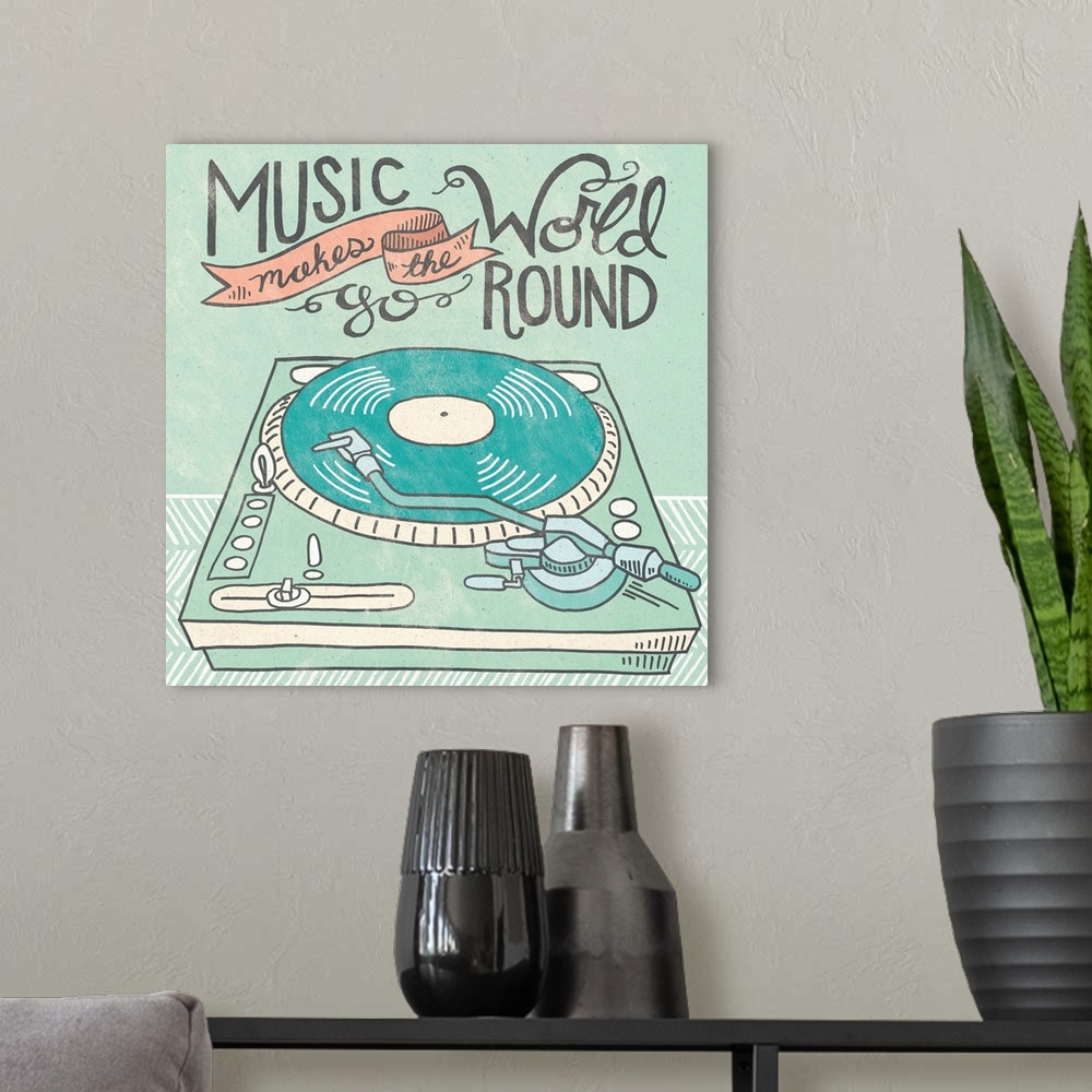 A modern room featuring Retro style artwork of a record player with a sweet hand-lettered sentiment.