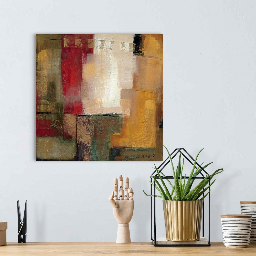A bohemian room featuring Abstract painting of soft geometric shapes connecting together.