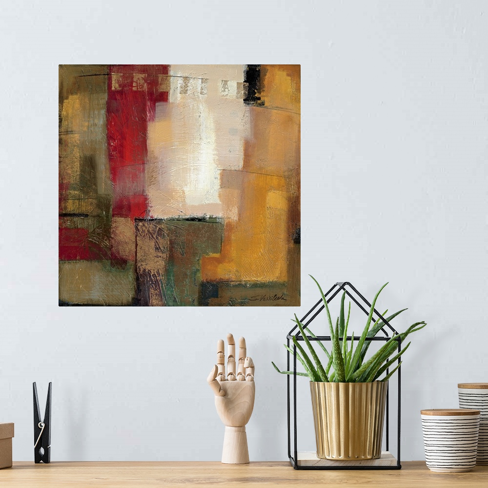 A bohemian room featuring Abstract painting of soft geometric shapes connecting together.