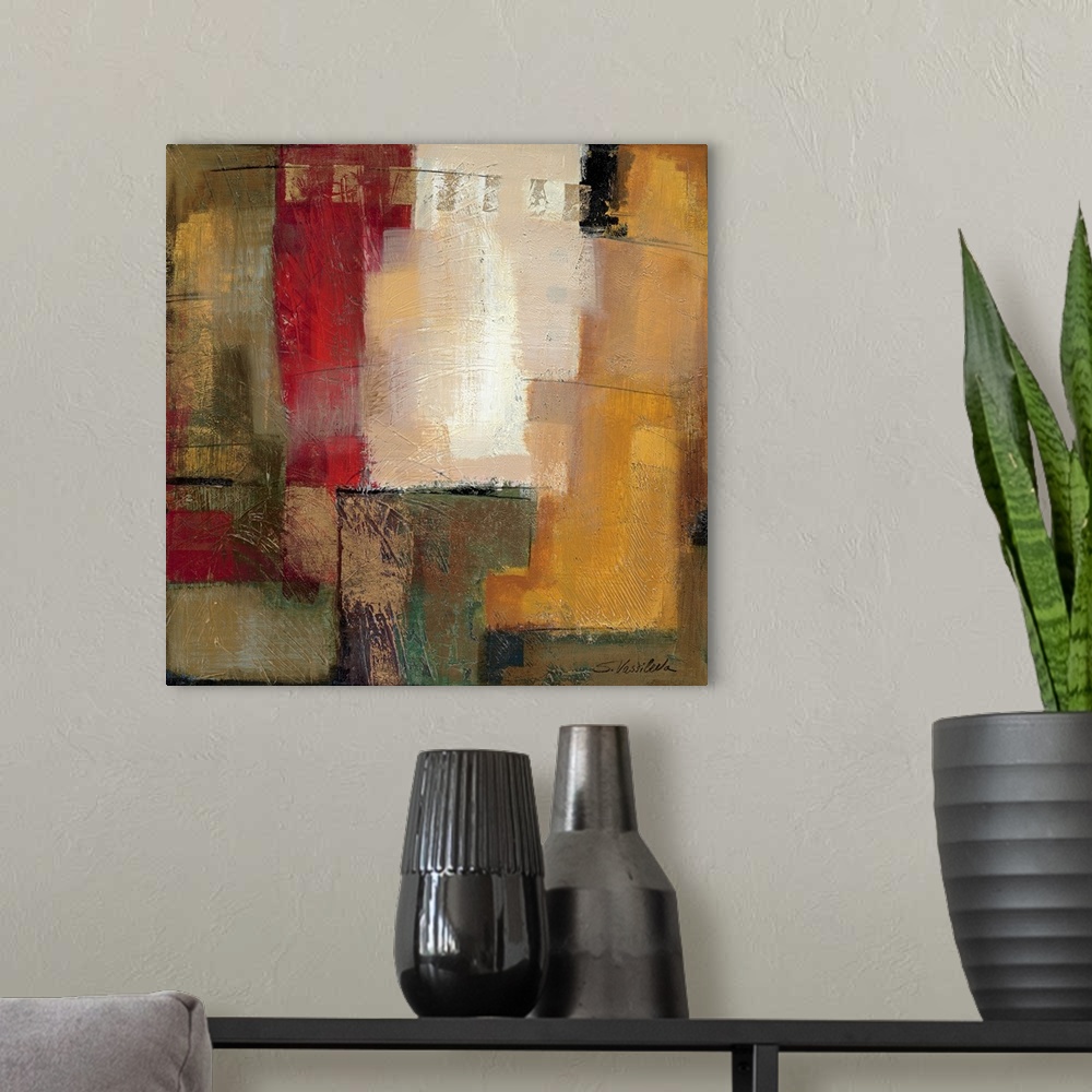 A modern room featuring Abstract painting of soft geometric shapes connecting together.