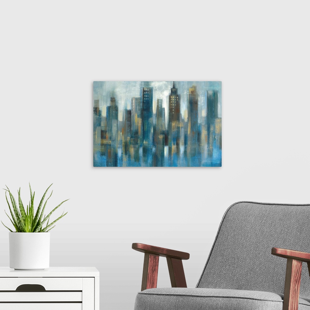 A modern room featuring Large abstract painting of a cool toned city skyline with tall buildings at night.