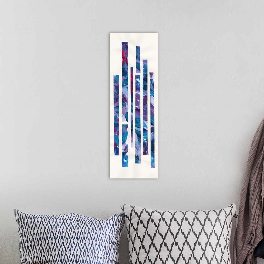 A bohemian room featuring Large geometric abstract painting with long, rectangular, vertical lines made with cool shades of...