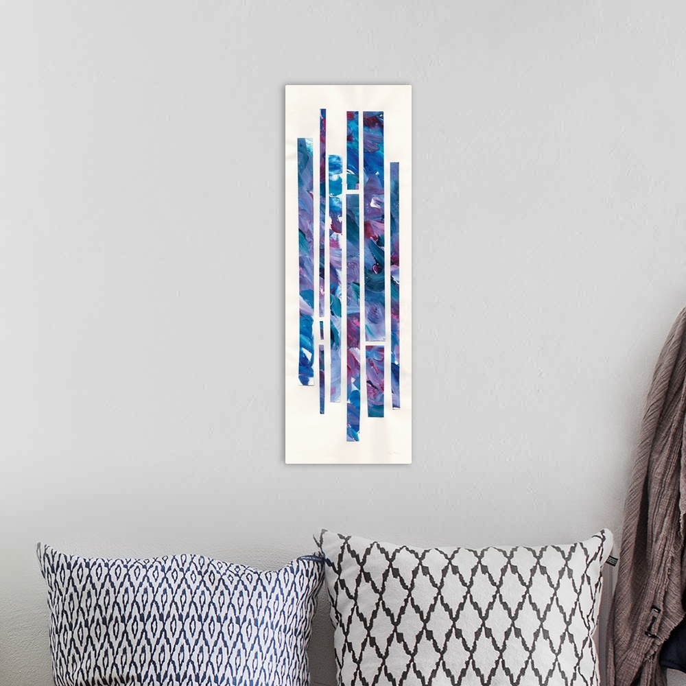 A bohemian room featuring Large geometric abstract painting with long, rectangular, vertical lines in cool shades of blue, ...