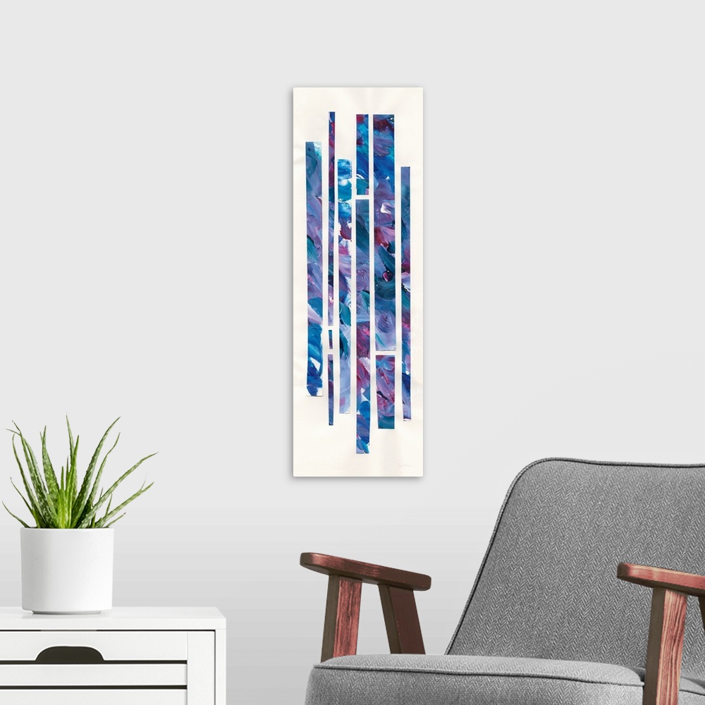 A modern room featuring Large geometric abstract painting with long, rectangular, vertical lines in cool shades of blue, ...