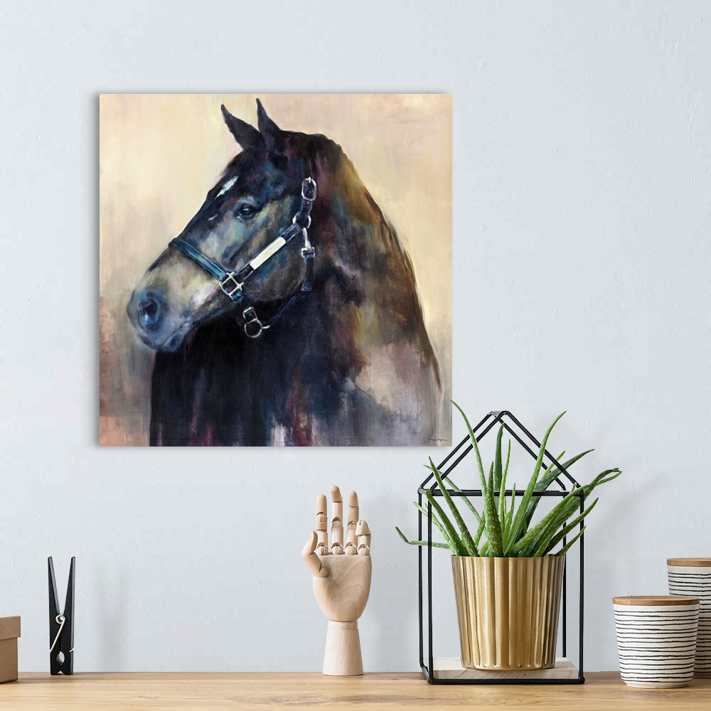 A bohemian room featuring Contemporary painting of a dark horse with cool hues.