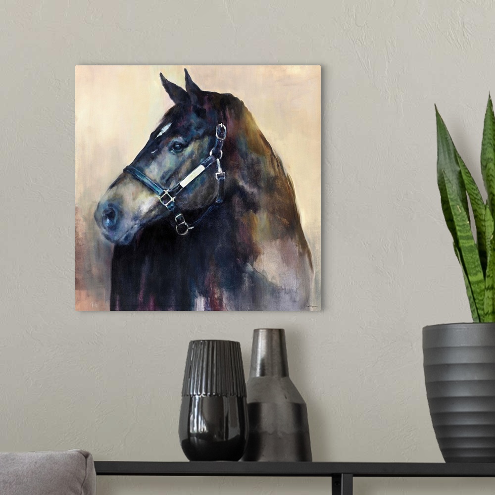 A modern room featuring Contemporary painting of a dark horse with cool hues.