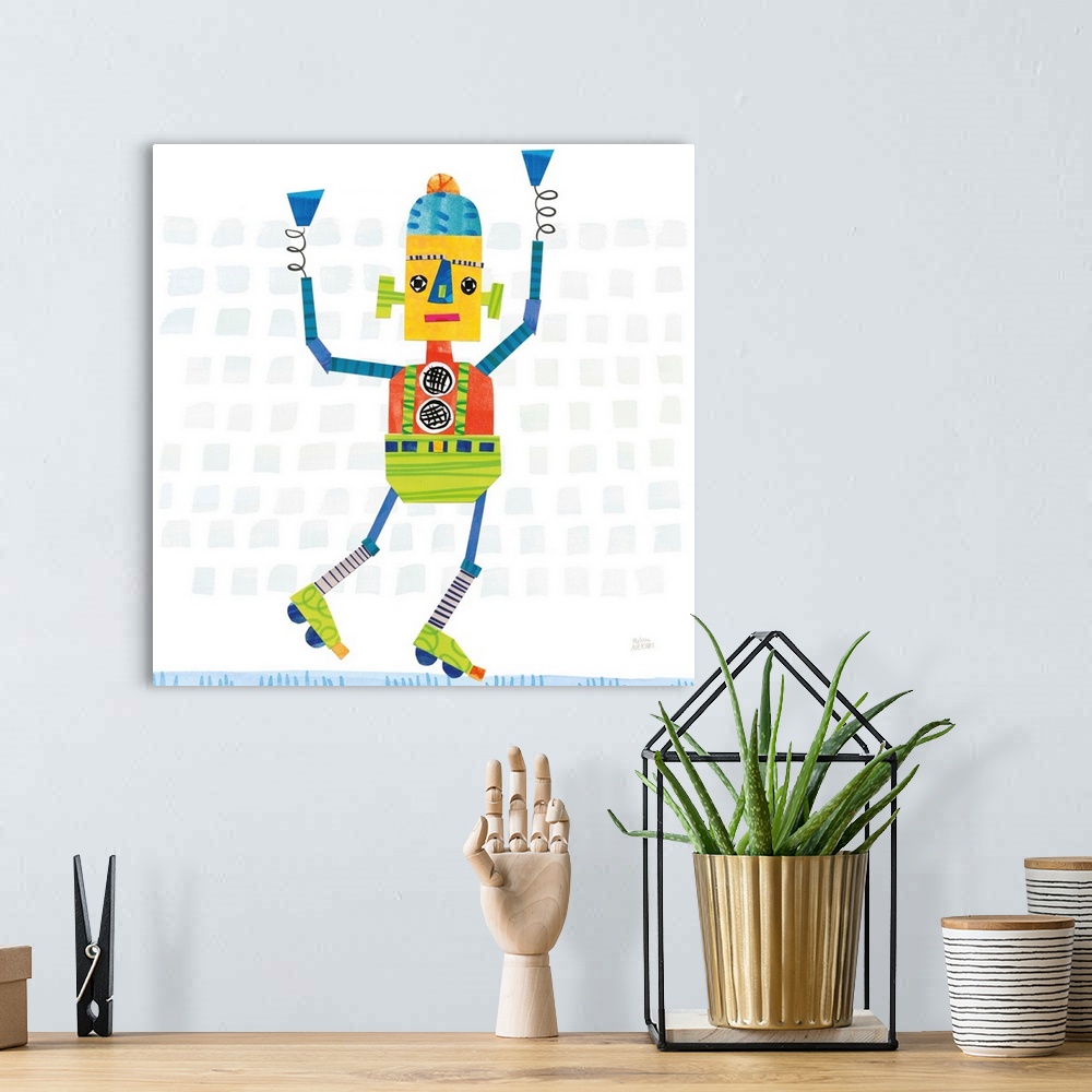A bohemian room featuring A whimsical robot on roller skates made with mixed media.