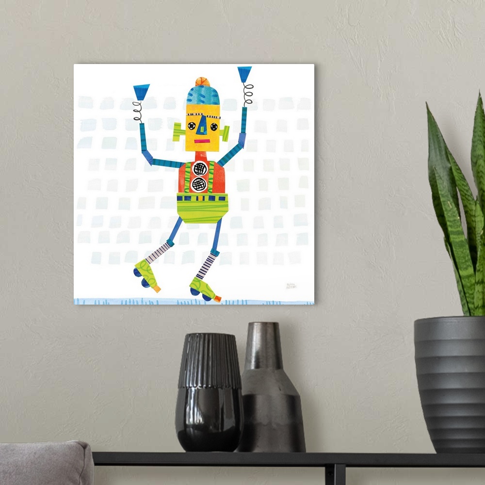 A modern room featuring A whimsical robot on roller skates made with mixed media.