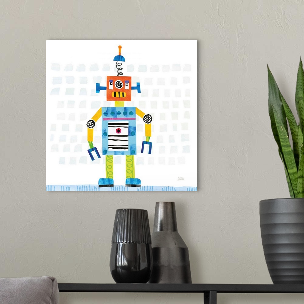 A modern room featuring A whimsical robot made with mixed media.
