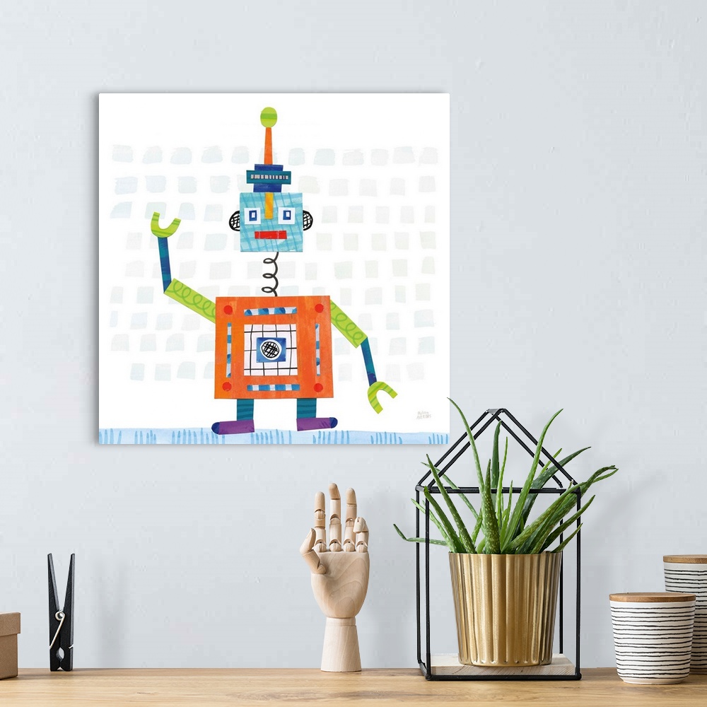 A bohemian room featuring A whimsical robot made with mixed media.