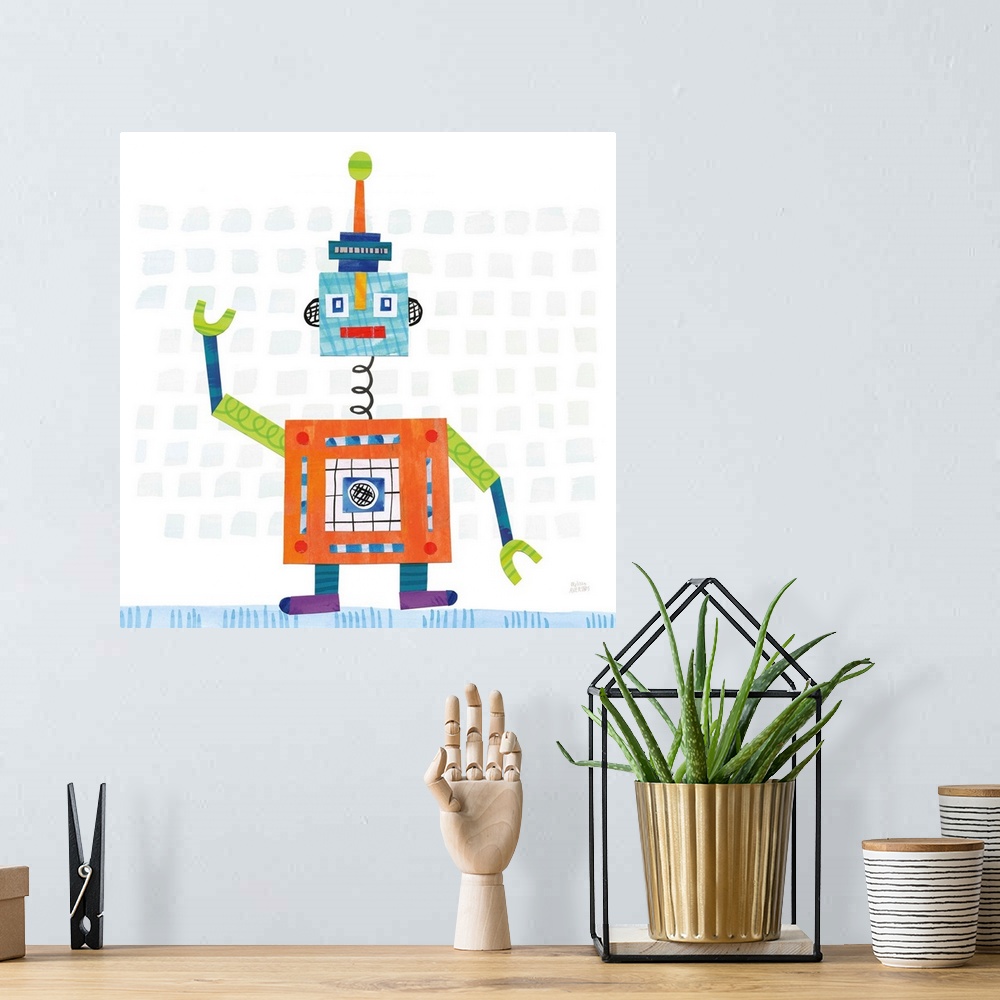 A bohemian room featuring A whimsical robot made with mixed media.