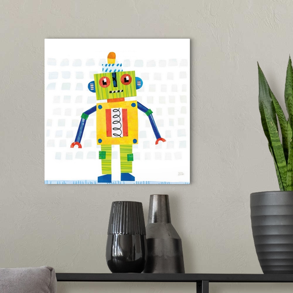 A modern room featuring A whimsical robot made with mixed media.