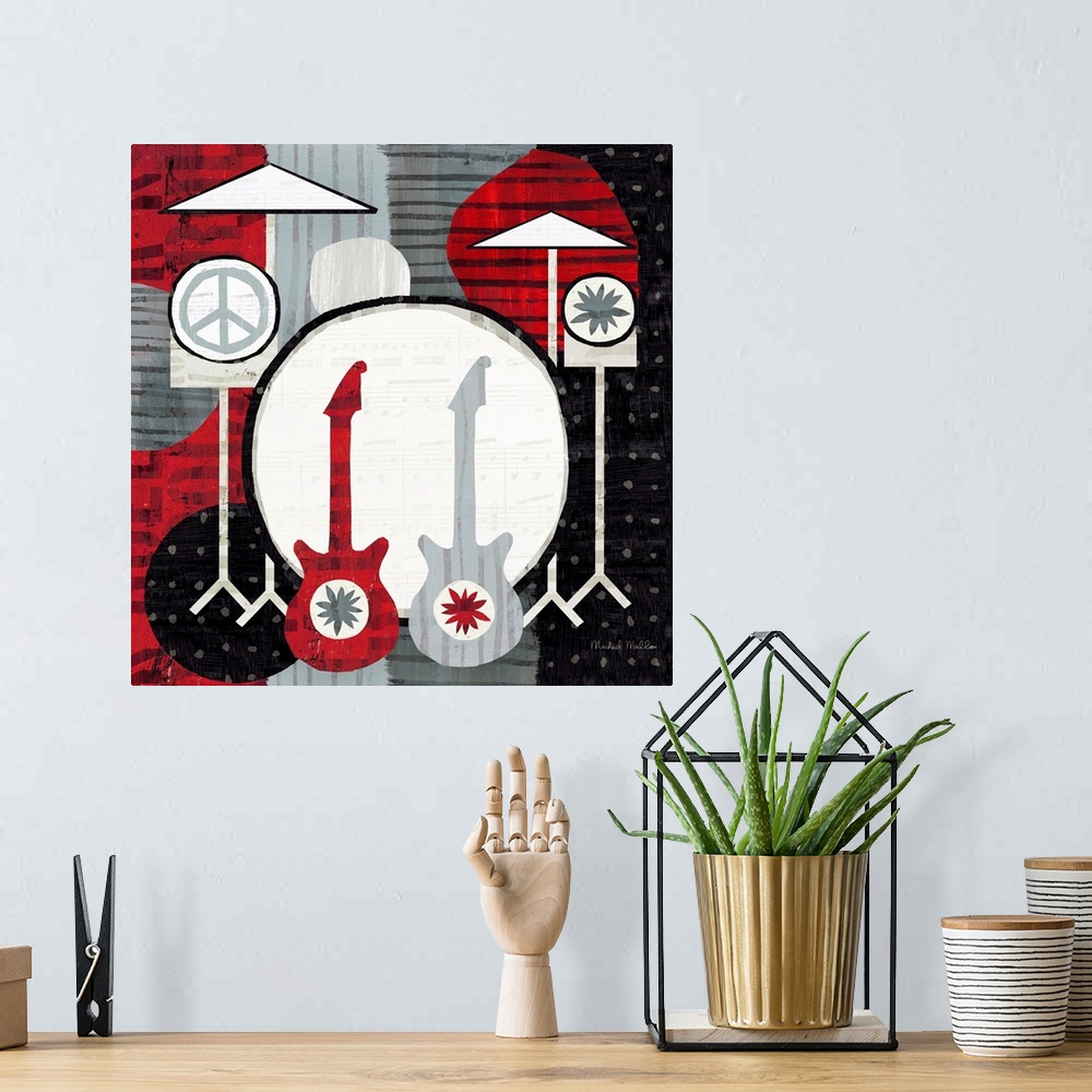 A bohemian room featuring Painting of a drum set and two guitars on a patterned background.