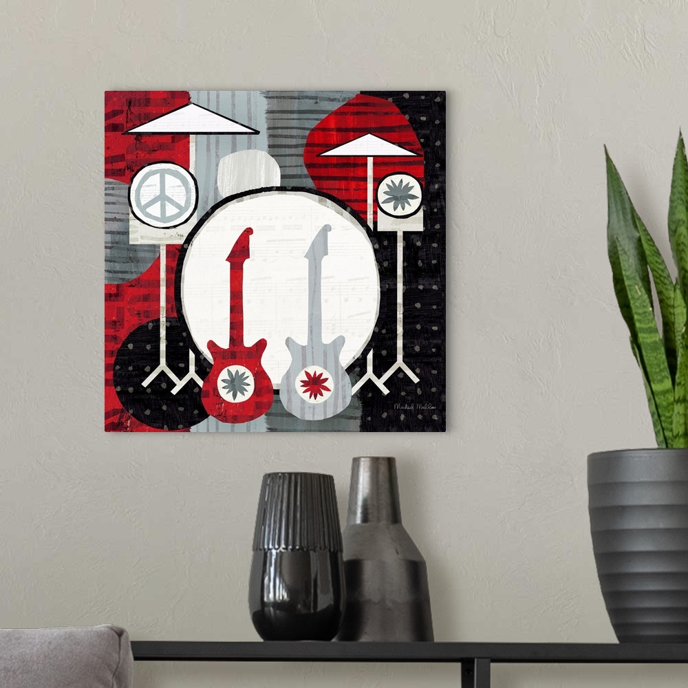 A modern room featuring Painting of a drum set and two guitars on a patterned background.