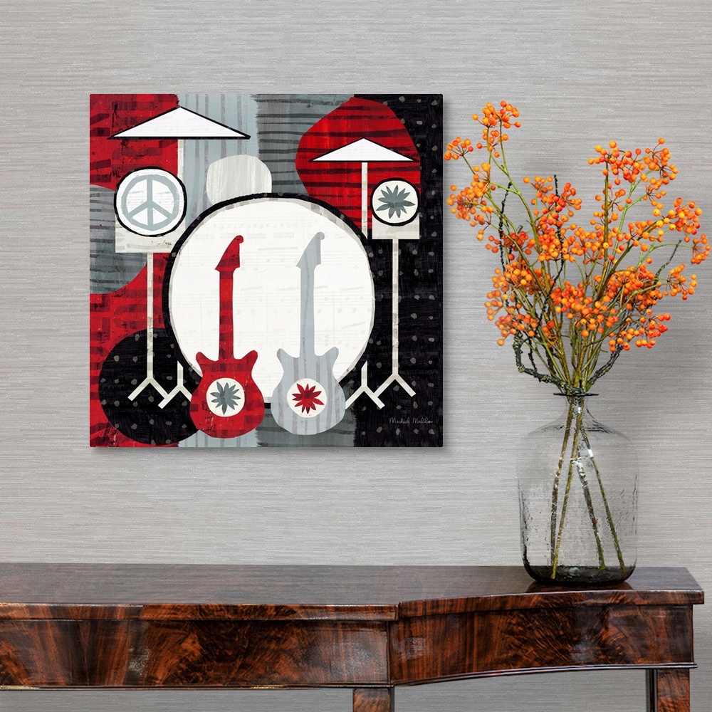 A traditional room featuring Painting of a drum set and two guitars on a patterned background.