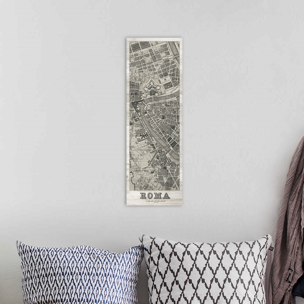 A bohemian room featuring Decorative artwork of a vintage map of Rome featuring the words, 'Roma'.