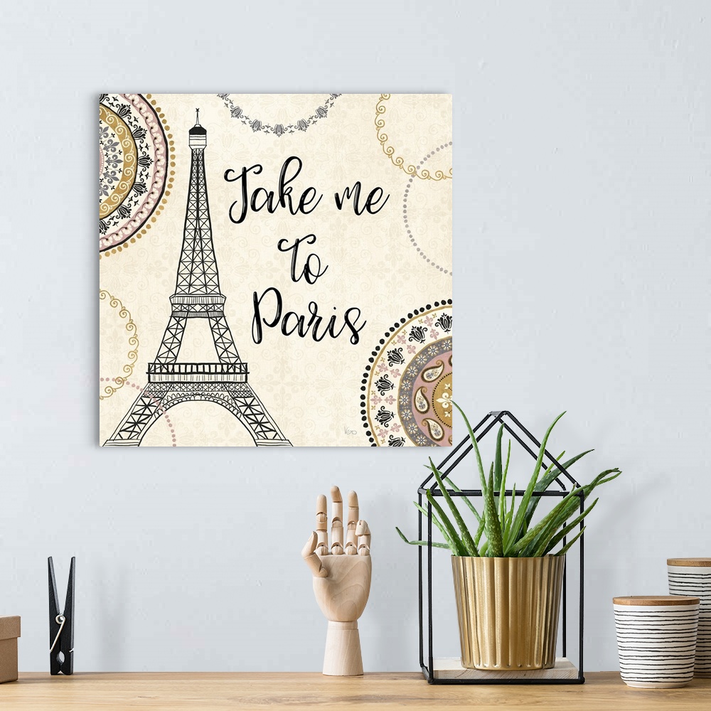 A bohemian room featuring "Take Me To Paris" with an illustration of the Eiffel Tower.
