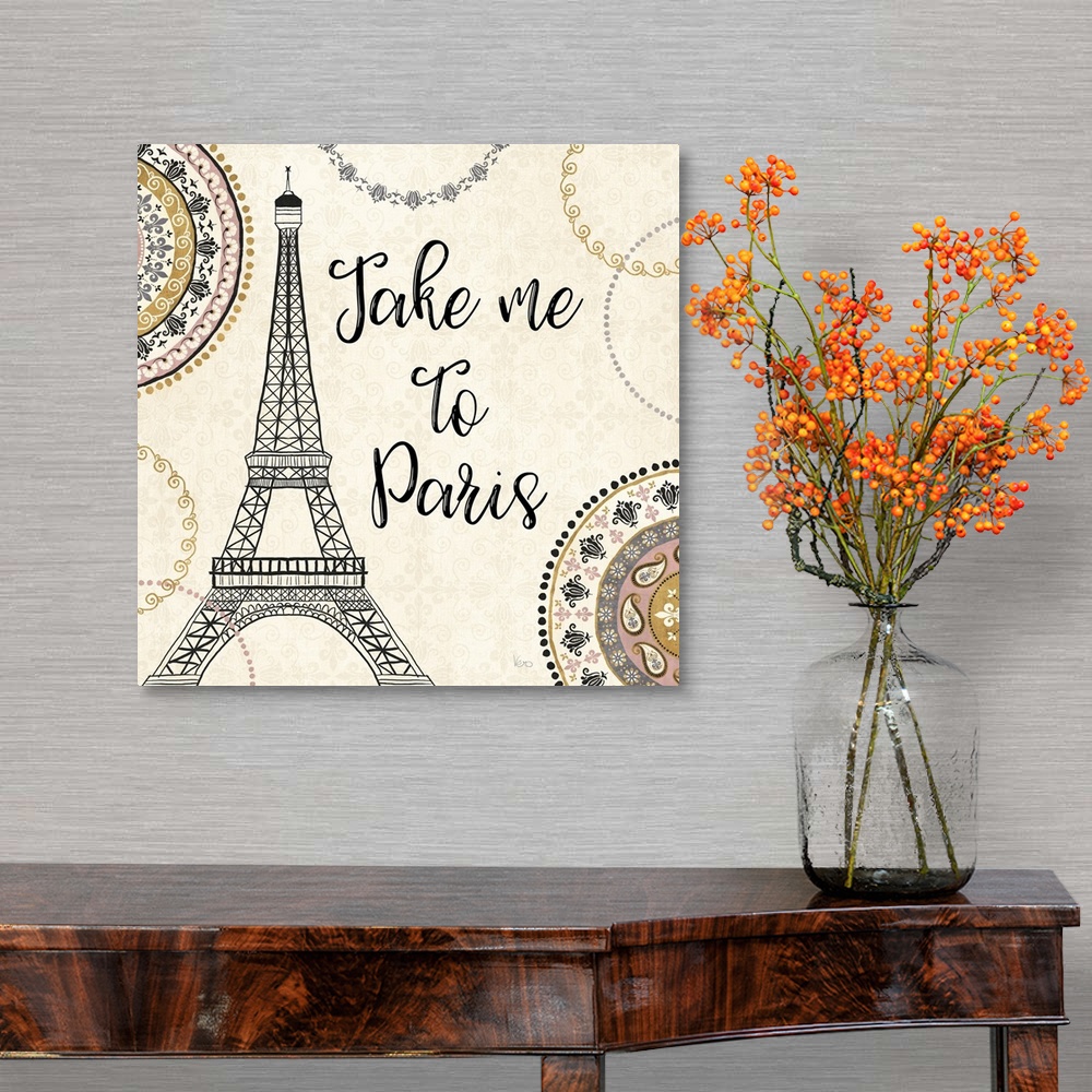 A traditional room featuring "Take Me To Paris" with an illustration of the Eiffel Tower.