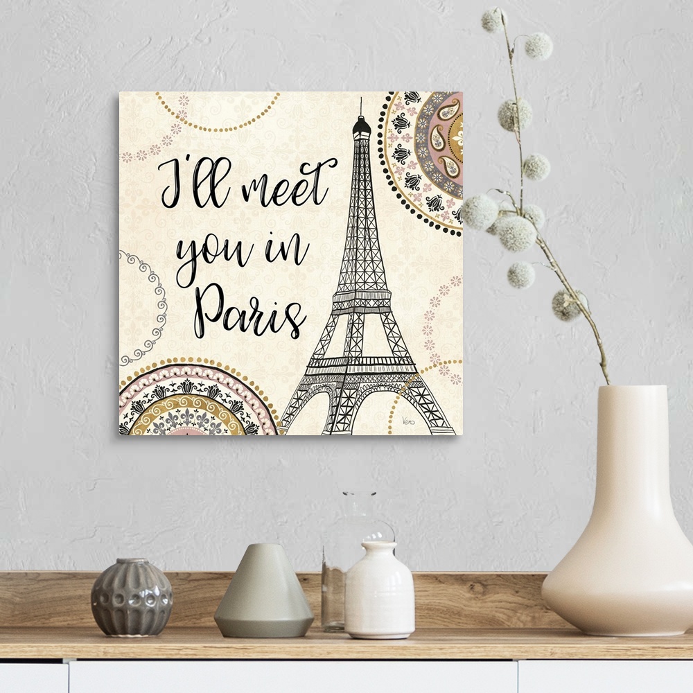 A farmhouse room featuring "I'll Meet You in Paris" with an illustration of the Eiffel Tower.