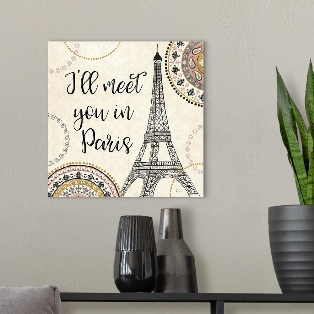 A modern room featuring "I'll Meet You in Paris" with an illustration of the Eiffel Tower.