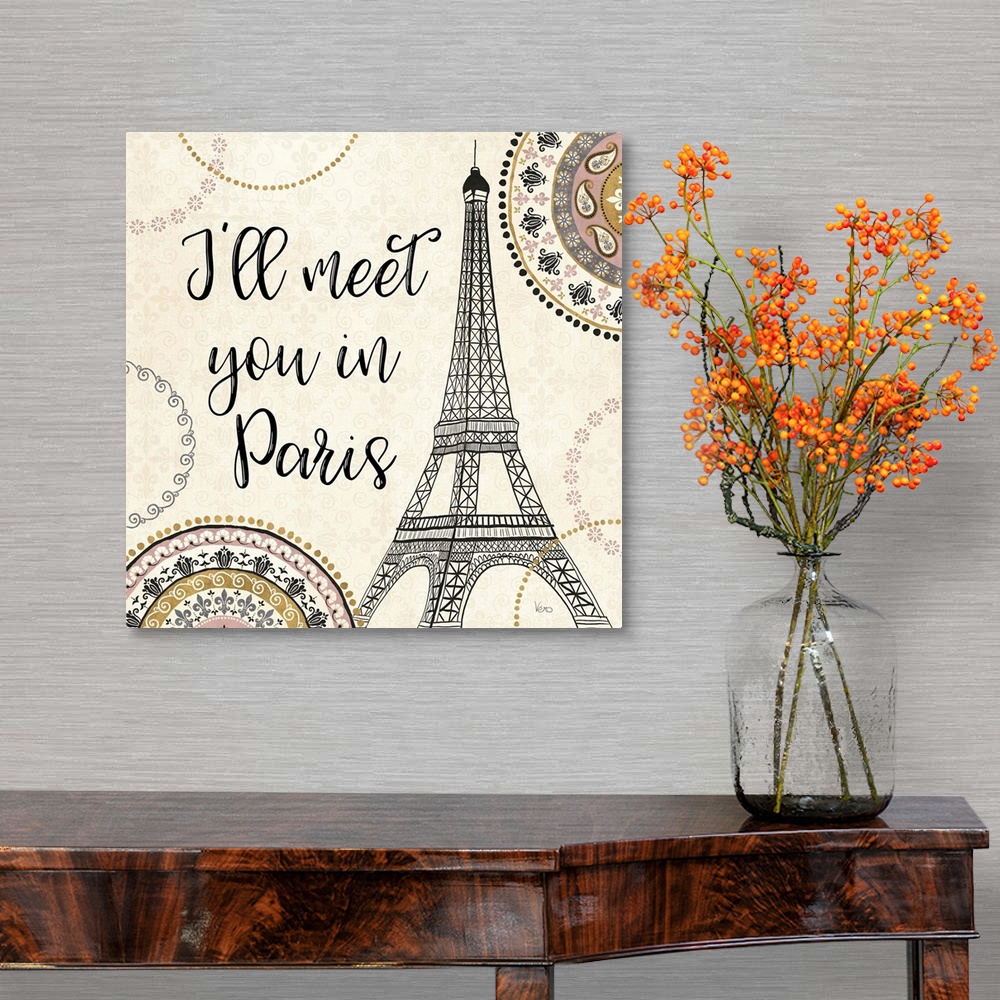 A traditional room featuring "I'll Meet You in Paris" with an illustration of the Eiffel Tower.