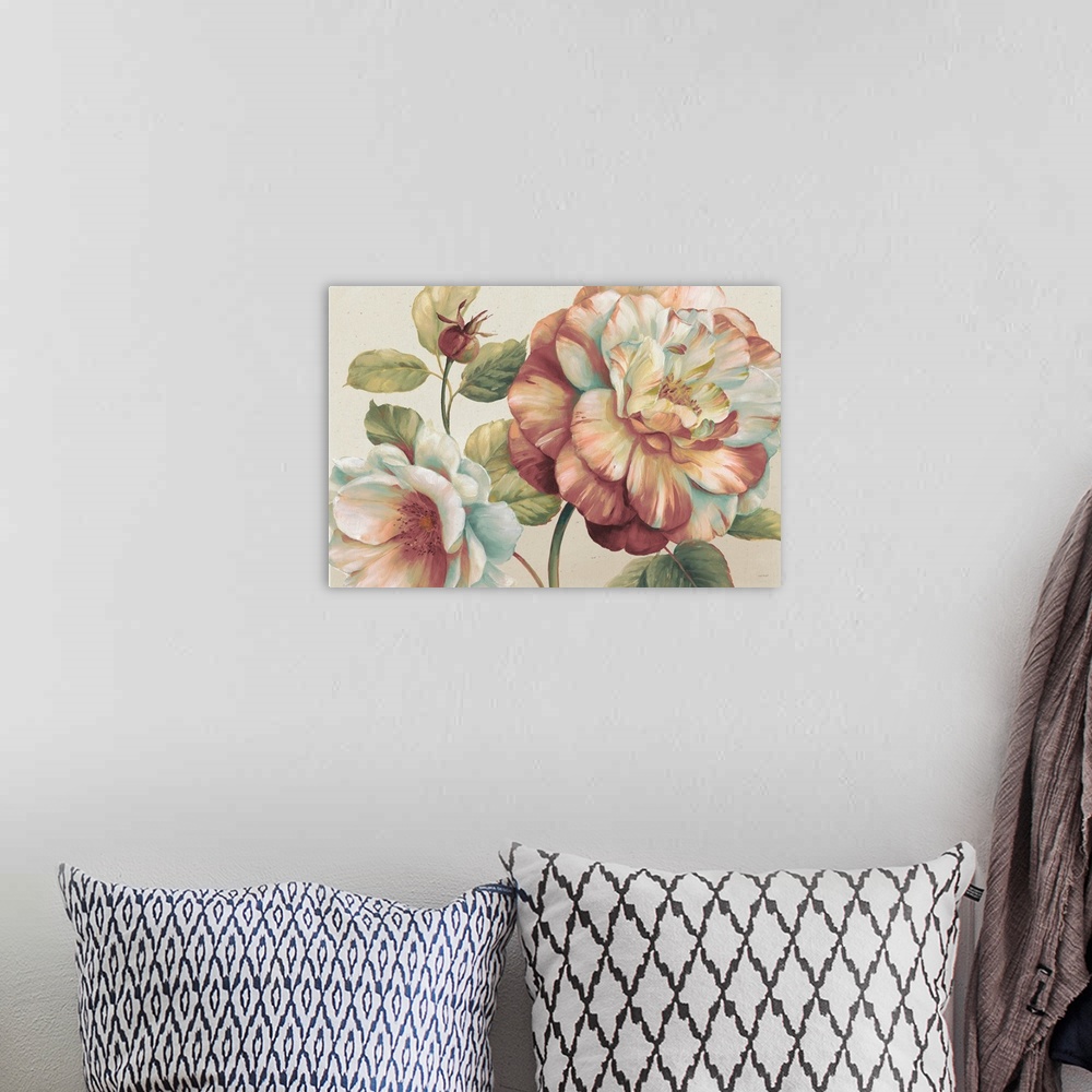 A bohemian room featuring Contemporary painting of large flowers on an off-white background.