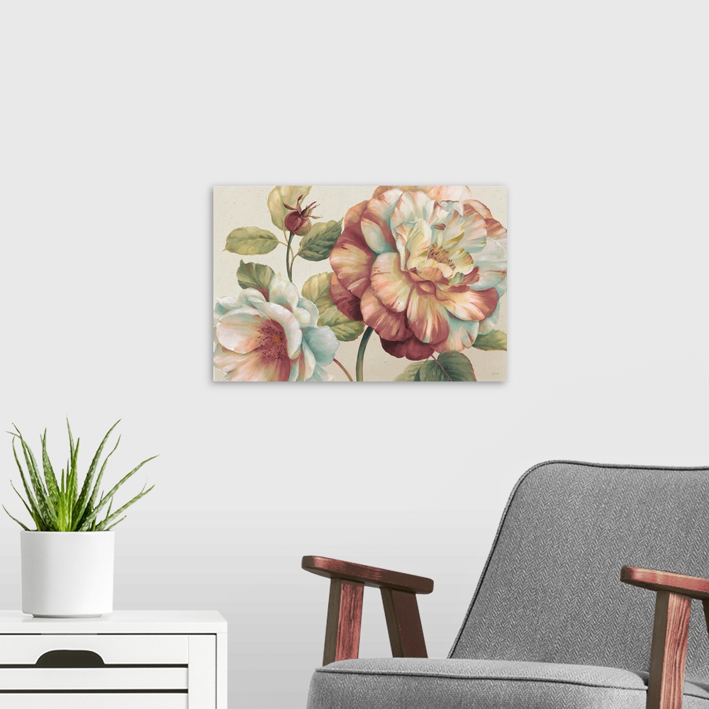 A modern room featuring Contemporary painting of large flowers on an off-white background.