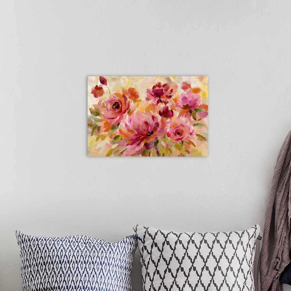 A bohemian room featuring Abstract painting of a bouquet of warm pink flowers with hints of orange.